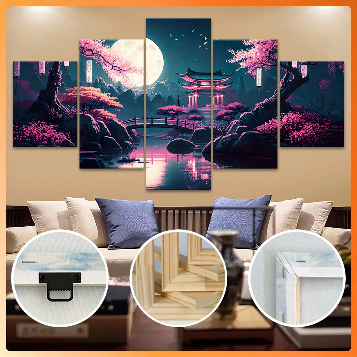 

5pcs Wooden Framed Canvas, Moonlit Chinese Garden with Blossoms, Fashion Poster, Art for Home Decoration, Pattern Wall Art