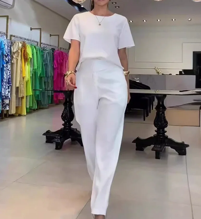 

Elegant Pants Sets Womens 2 Piece 2024 Summer Fashion Solid Round Neck Loose Top & Wide Leg High Waist Trousers Suits Female