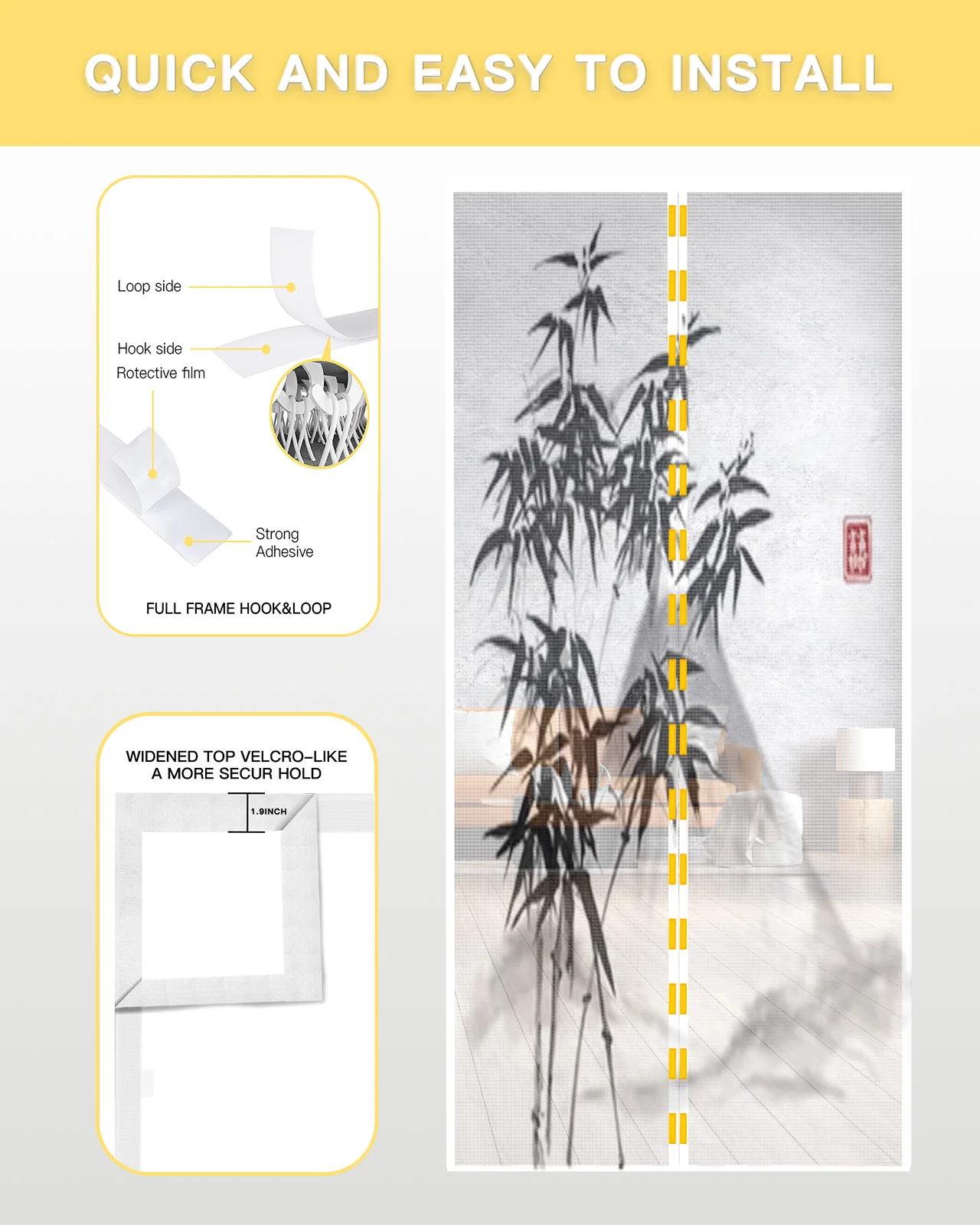 Bamboo Trees And Mountains Hand Drawn With Ink Summer Magnetic Mosquito Net Anti Insect Fly Bug Magnetic Screen Door Curtains