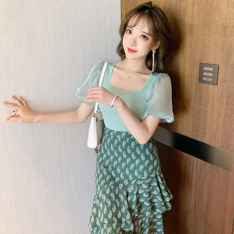 2 Pieces Sets for Women Beach Ruffles Skirt Printing Midi Short Sleeve Kawaii Woman Outfit New Matching Full Summer Fashion 2024