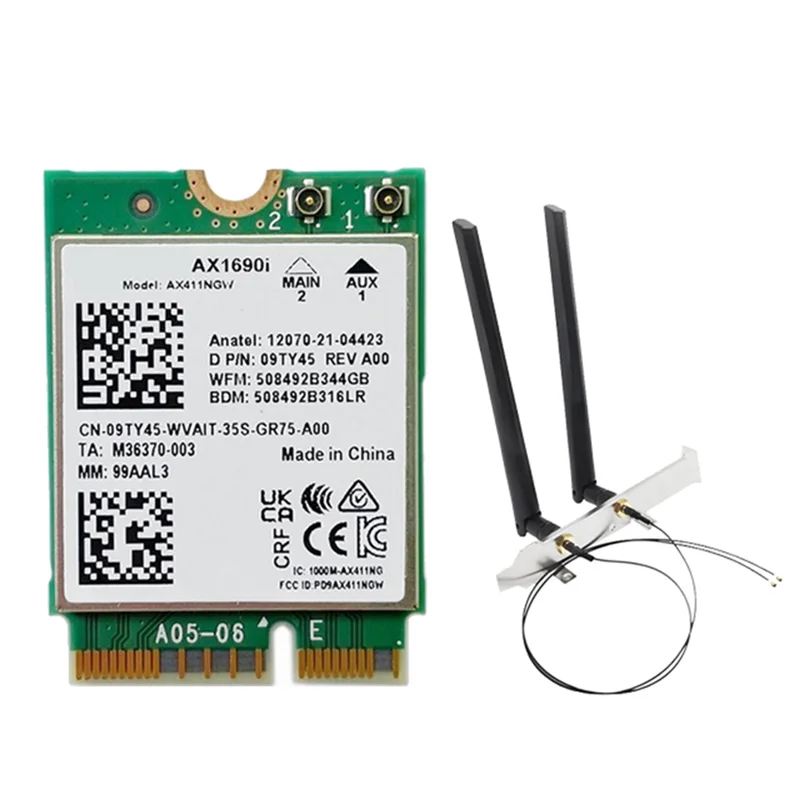 AX1690I WiFi Card with 2X8DB Antenna AX411 Wi-Fi 6E Speed 2.4 Gbps 802.11Ax 2.4/5/6GHz Bluetooth 5.3 Wireless Module