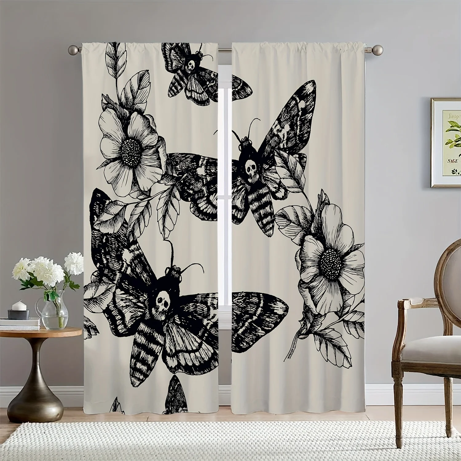 2pcs Fashionable Romantic Butterflies Pattern Curtain, Curtain Rod Pocket Window Curtains For Living Room Bedroom Room Decor