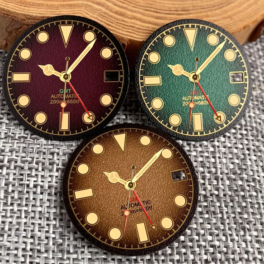 Luminous Brown Green 29mm Watch Dial Face Hand Set fit NH34A NH34 GMT Automatic Movement Mens Diving Watch Accessories Parts