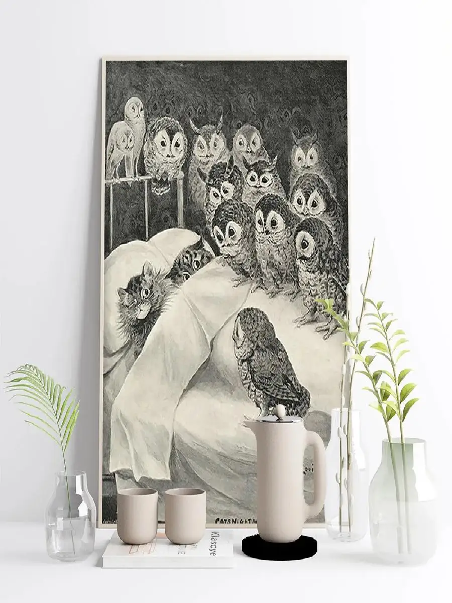 Vintage Louis Wain Cat Nightmare Owl Stare Poster  Antique Black  White Illustration Canvas Wall Art