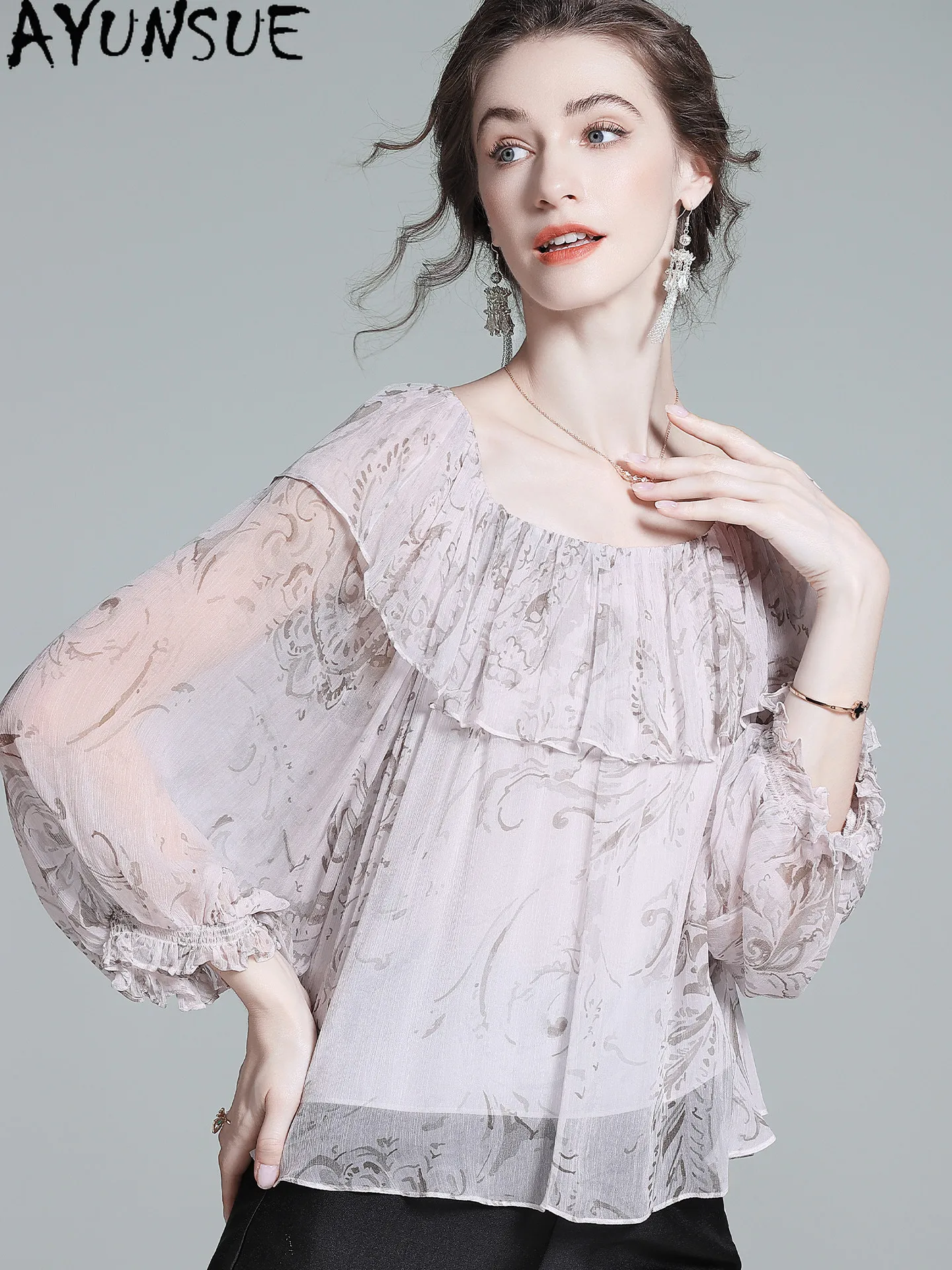 

AYUNSUE 100% Mulberry Real Silk Blouse Women Summer Clothes Elegant Womens T-shirts Fashion Slash Neck New Style Блузка Женская