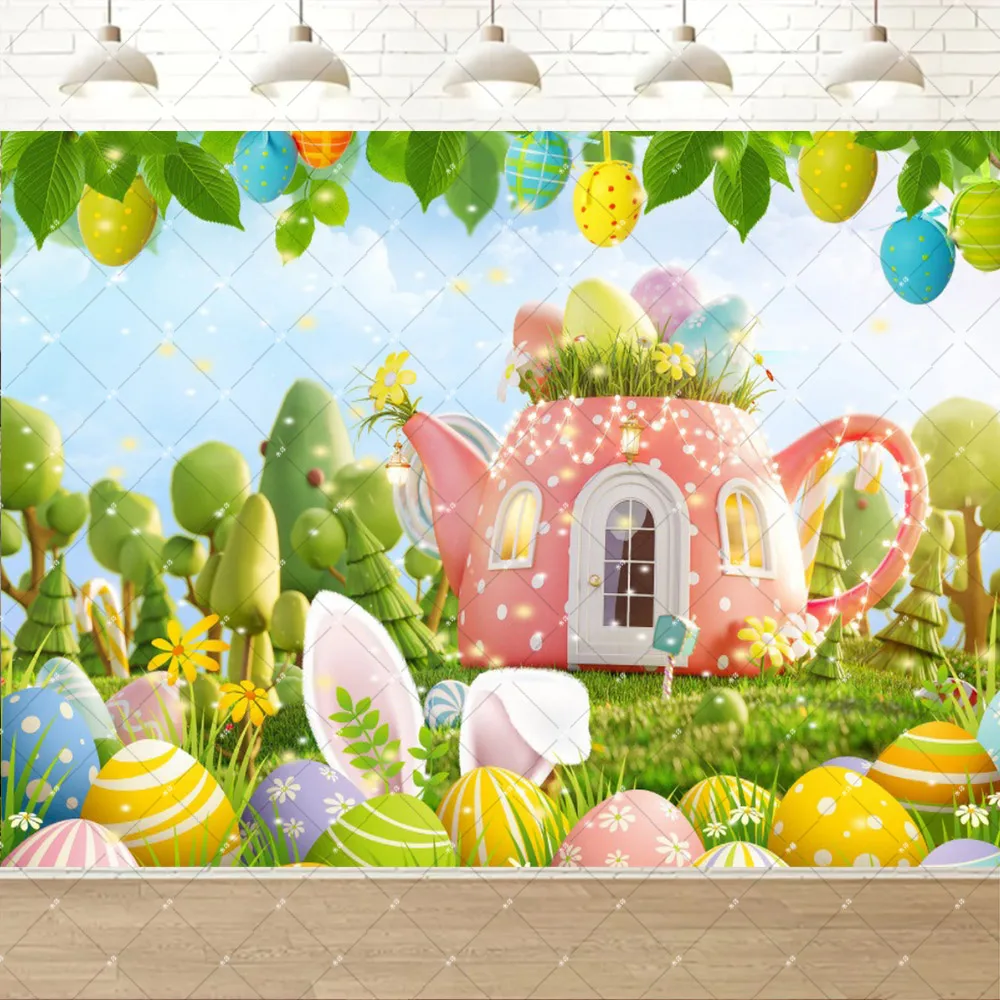 Spring Easter Photography Backdrop Rabbits Eggs Flower Green Grass Wood Board Rabbit Easter Kids Baby Portrait Photo Studio