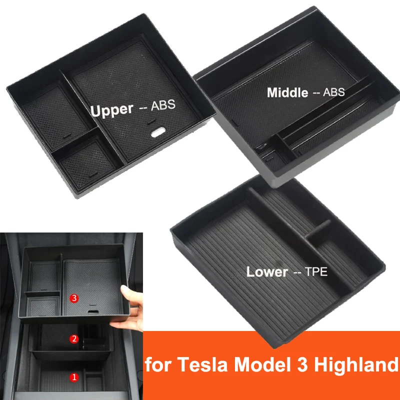 

For Tesla New Model 3 Highland 2024 Central Control Storage Box Flocking ABS Central Organizer Stowing Tidying Car Accessories