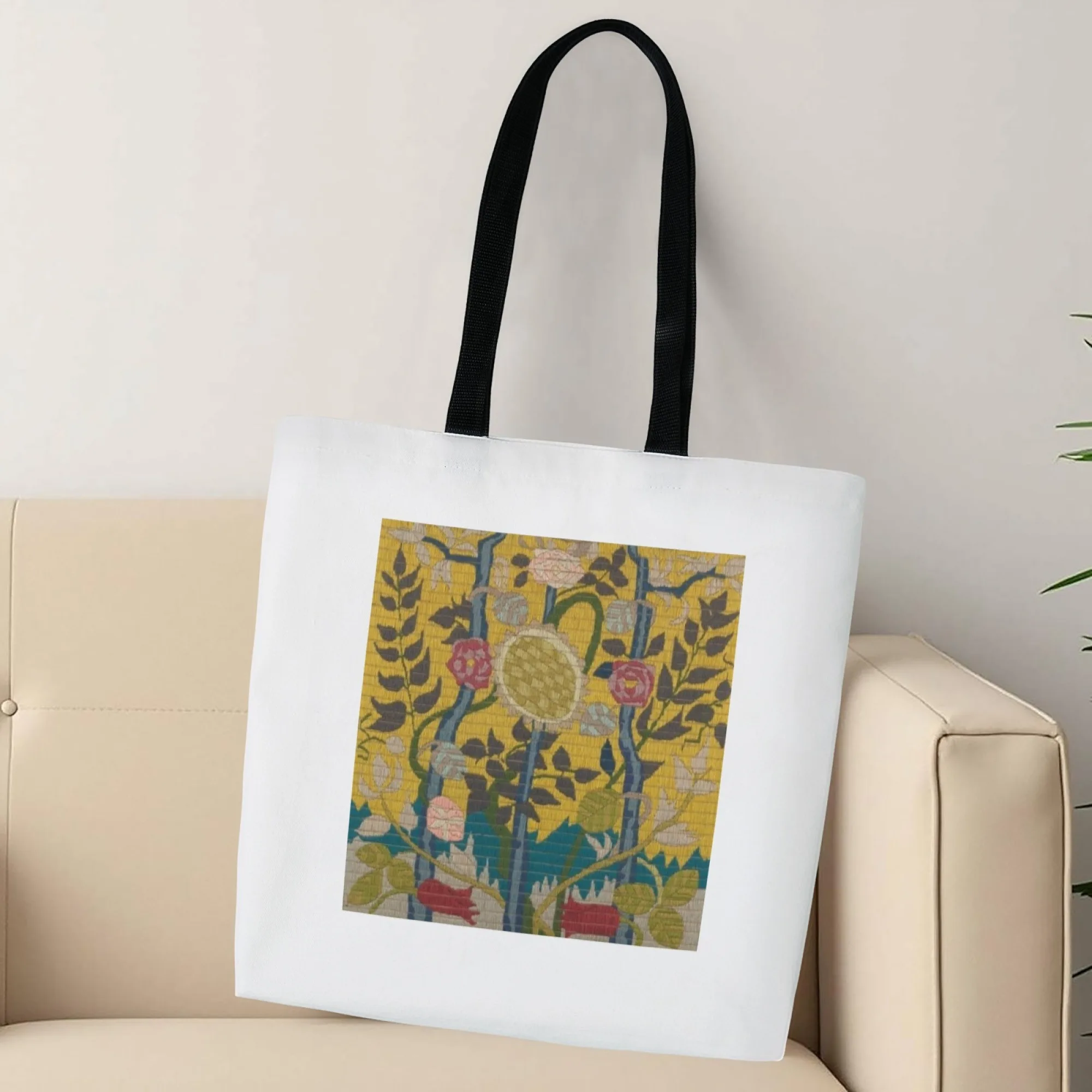 Vintage Art Style Tote Bag Floral & Plant Design Shoulder Bag for Women Large Reusable for Art Lovers Visits & Daily Commute