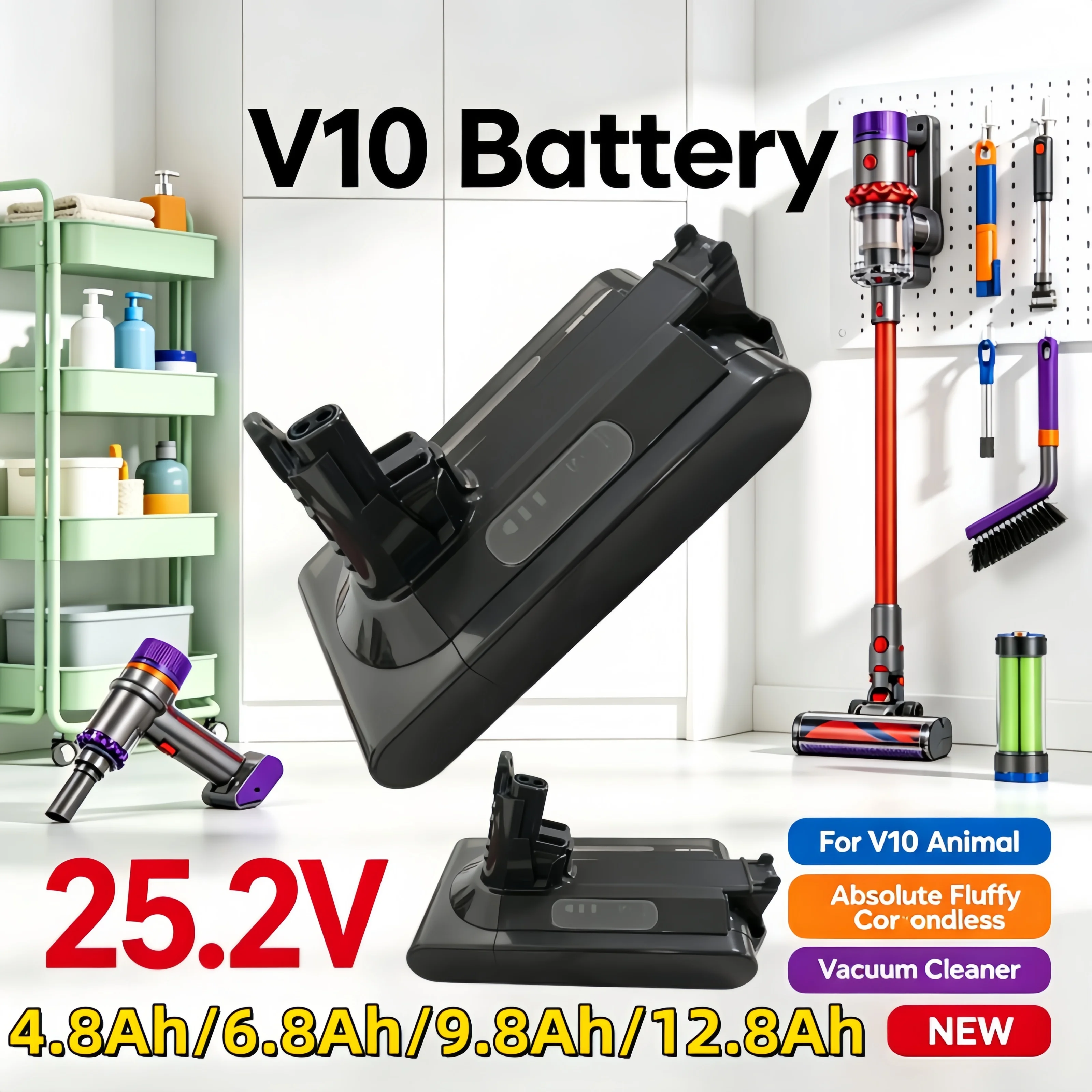Compatible V10 Battery 25.2V 4.0‑12.8Ah For V10 Animal Absolute Fluffy Cordless Vacuum Cleaner