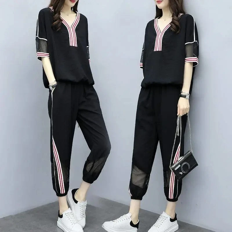 2022 Summer New V-Neck T-Shirt Casual Elastic Waist Sports Pant Suit Female Loose Size 5XL Fashion Two-Piece Sets White