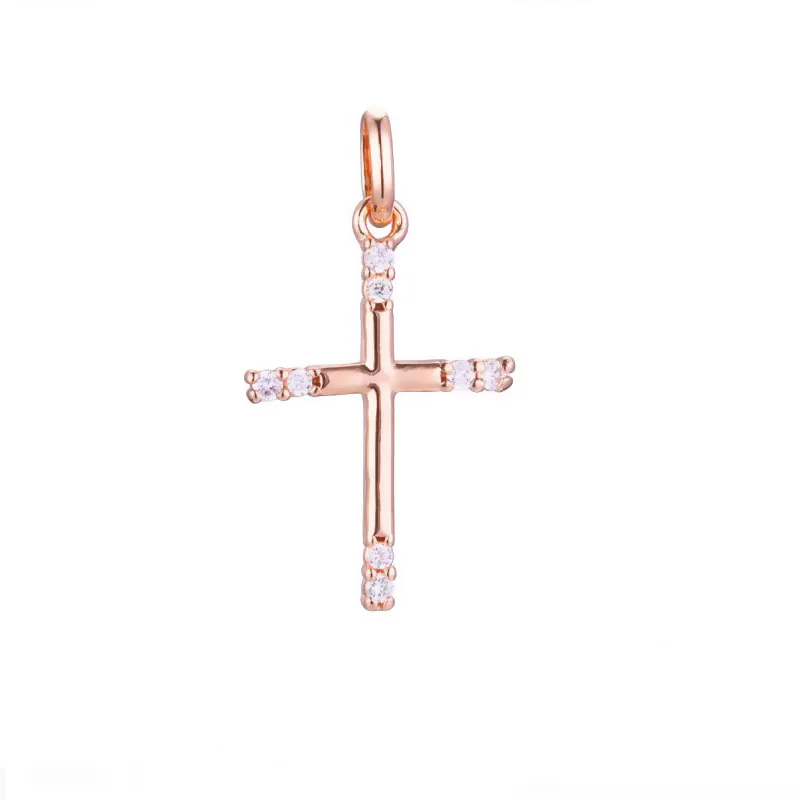 FJ Women 585 Rose Gold Color Cross White Crystal Pendant Necklace