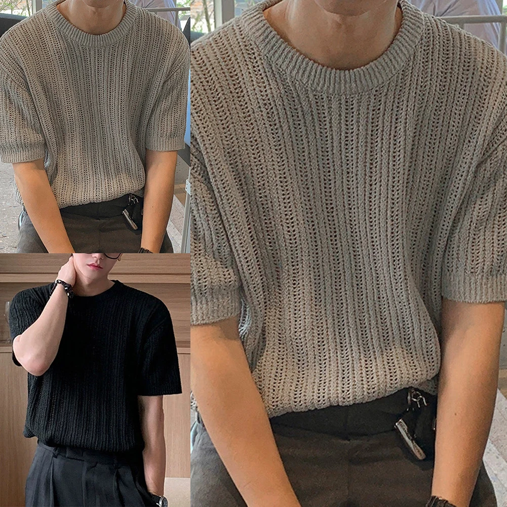 Fashion Knitted T-shirt For Men Short Sleeve Shirt Loose Fit Knitted Top Regular Length Garment Vacation Attire