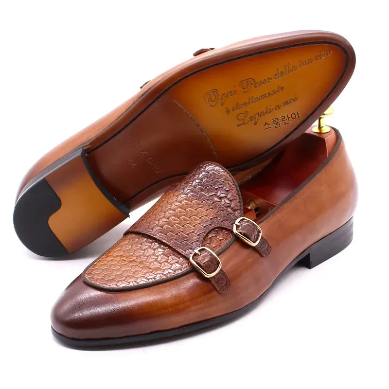 Men\'s Genuine Leather Loafers Metal Buckle Monk Shoes Casual Business Dress Gentleman Wedding Party Formal Shoes
