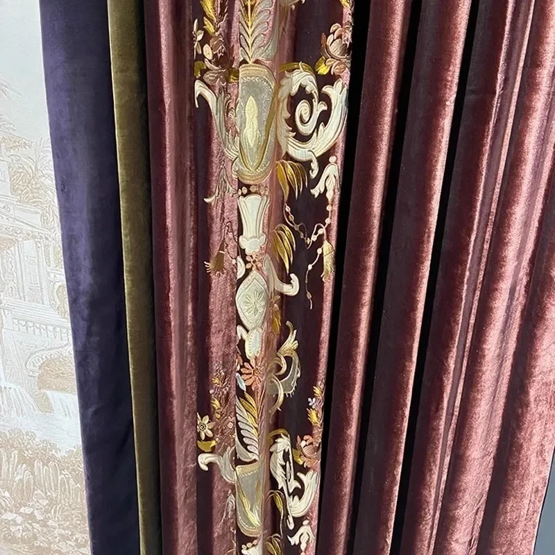 ヨーロッパの高級レッドベルベット刺繍遮光カーテンリビングルームベッドルームダイニンググレース装飾ロマンチックなカスタムサイズチュール