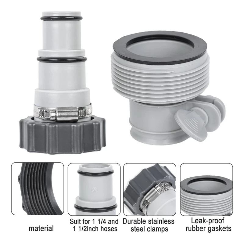 Pool Hose Adapter With Clamp Washer 2 Types Conversion Connector Replacement Pool Hose Adapter For Intex Threaded, Easy To Use