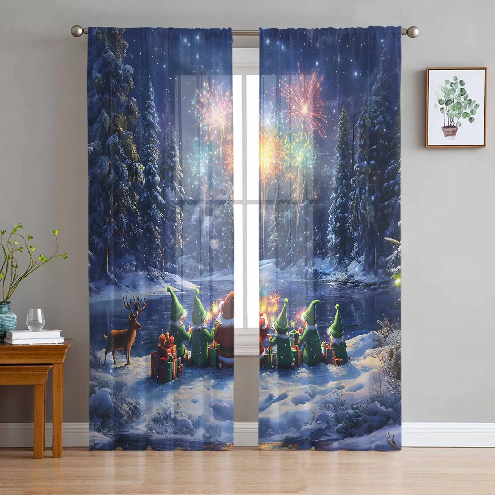 Christmas Santa Forest Chiffon Sheer Curtains for Living Room Bedroom Decor Kitchen Window Voiles Tulle Curtain