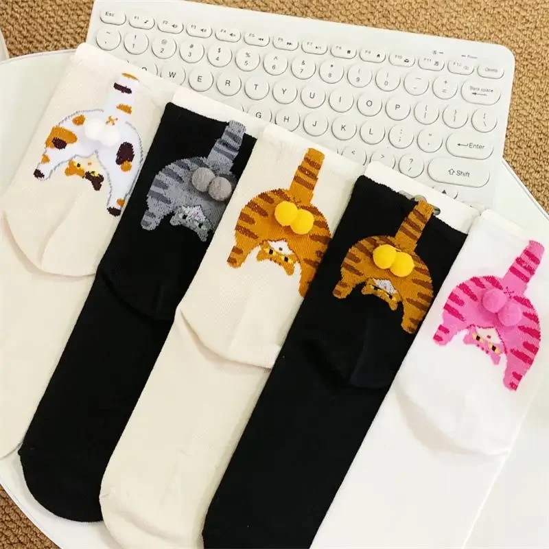 1Pair Cartoon Cute Cat Dog Balls Cotton Socks Kawaii Cat Dog Tinkerbell Egg Print Middle Tube Sock Female Lolita Knitting Socks