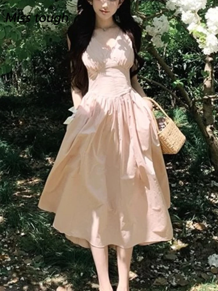 

Summer Pink Midi Dress Women Elegant Sleeveless Fit and Flare Dress Solid Color High Waist A-line Sundress Picnic Vacation 2025