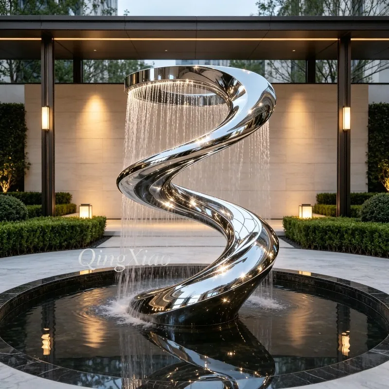Spiral Ribbon Cable Water Curtain Stainless Steel Sculpture Custom Polished Abstract Water Feature Hotel Lobby Garden Landscape