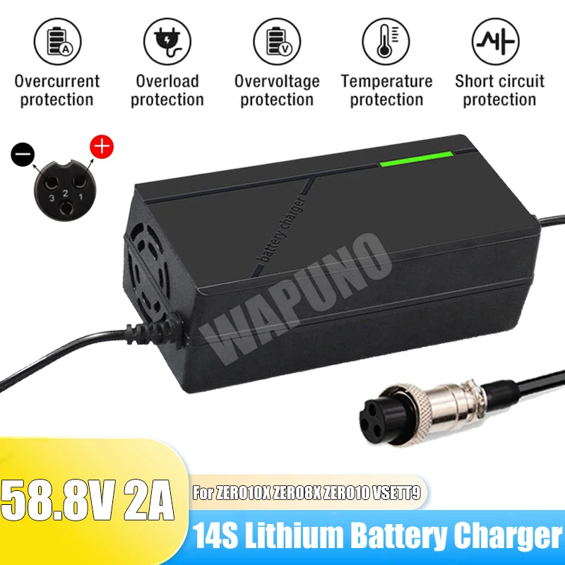 58.8V 2A Li-ion Battery Charger GX16 3Pin for 52V 14S Electric Vehicle ZERO 8X 10X VSETT 9 Dualtron Mini Speedway 4 US EU Plug