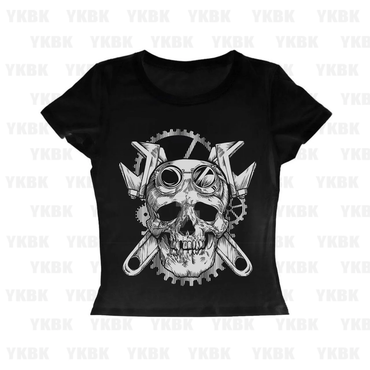 تي شيرت نسائي برسومات جمجمة على طراز ملابس الشارع بأكمام قصيرة ورقبة دائرية صيفية كاجوال ملابس نسائية مريحة #2
