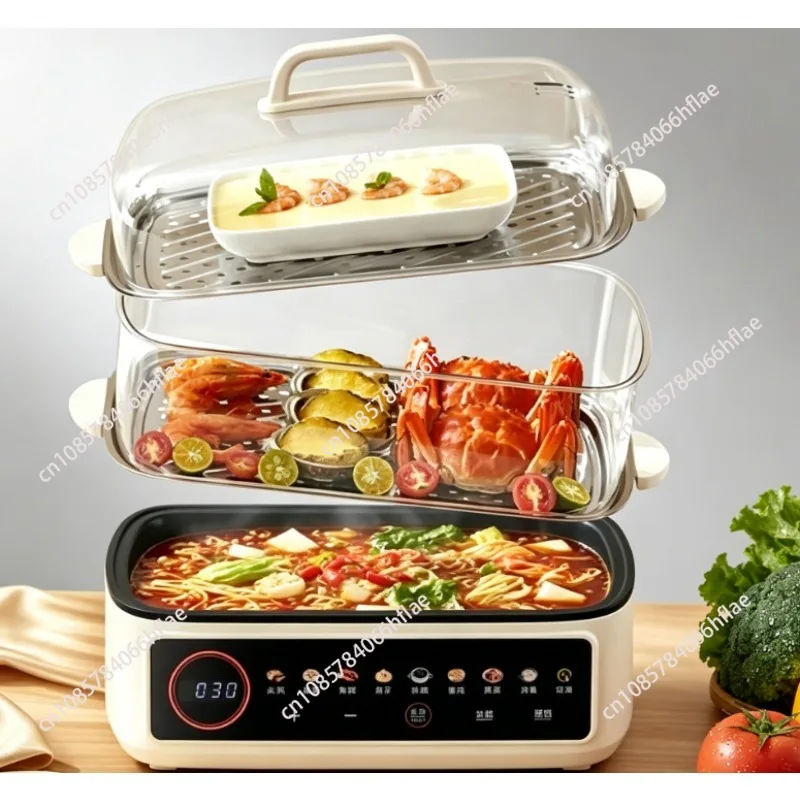 3-Layer Full Steel Electric Steamer, Household Multi Cooker with LCD Timing Display