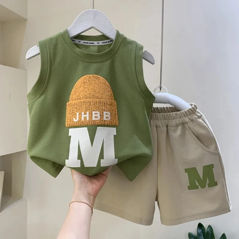 Children's Clothing Set Summer 2024 New Fashionable Boys and Baby Sleeveless T-shirt and Shorts 2-piece Set Kids Outfits