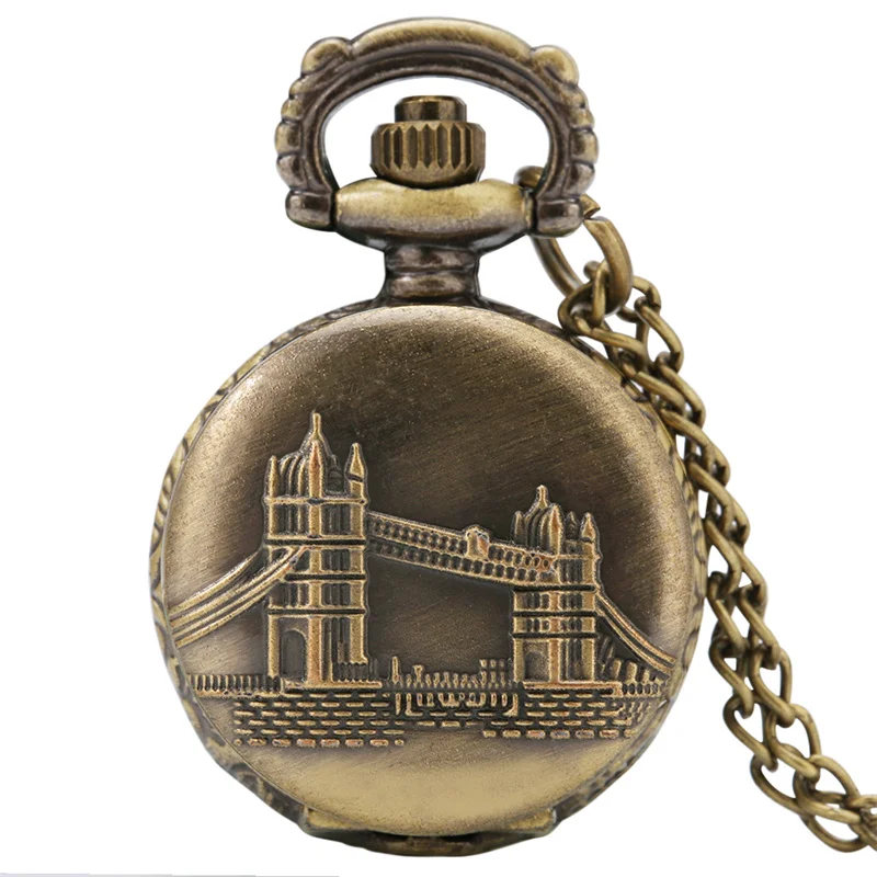 Classic London Tower Bridge Embossed Pocket Watch Mini Size Clock Quartz Movement with Necklace Chain Travel Landscape Present