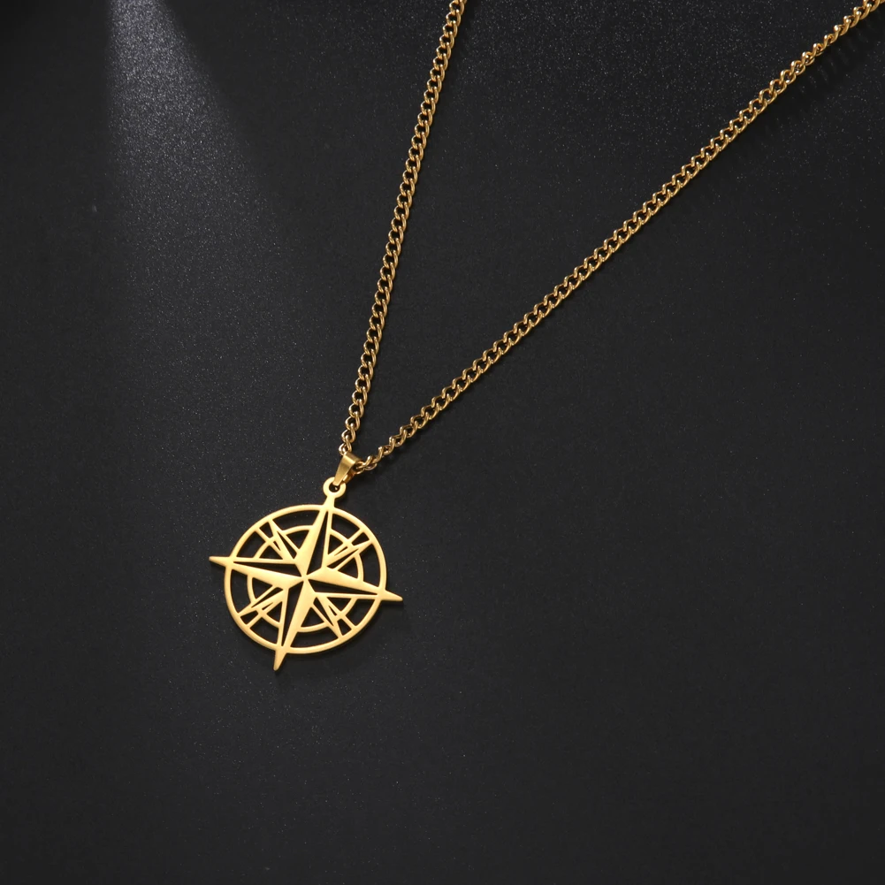 Lucktune Compass Pendant Necklace Stainless Steel Viking North Star Gold Color Chain Necklace for Men Couple Punk Jewelry Gift