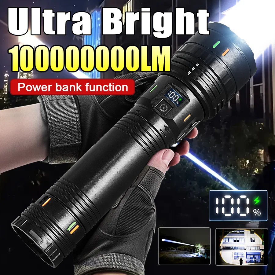 100000000LM Ultra Bright 15000mAh USB C Rechargeable Torch High Power Flashlights Waterproof Camping Lantern Digital Display