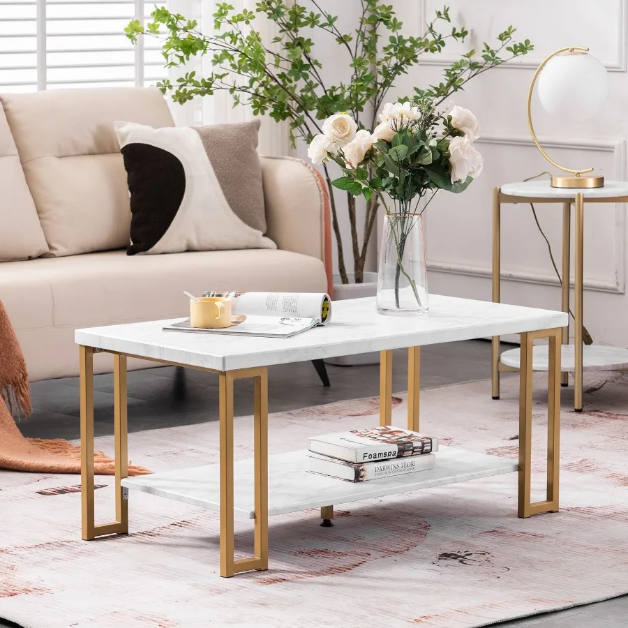 

106 x 50 x 48cm Simple Doublelayer Golden Iron Pipe Marble PVC Coffee Table Rectangular