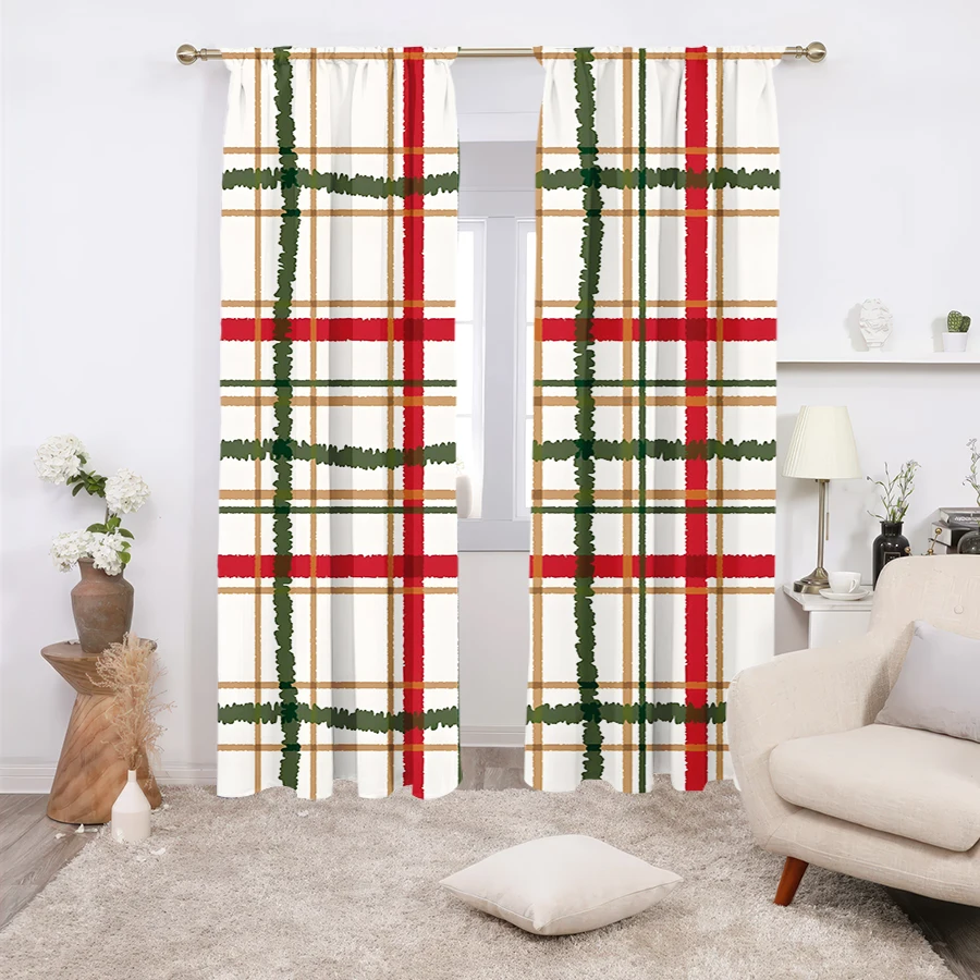 2PCS Christmas Plaid Curtains, Red Green White Tartan Print, Winter Holiday Window Drapes for Living Room Bedroom Home Decor
