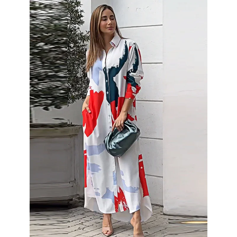 2024 Spring New Printed Fashion Women's Long Skirt Casual Dress Printed Loose Fork Long Shirt Shirt Dress