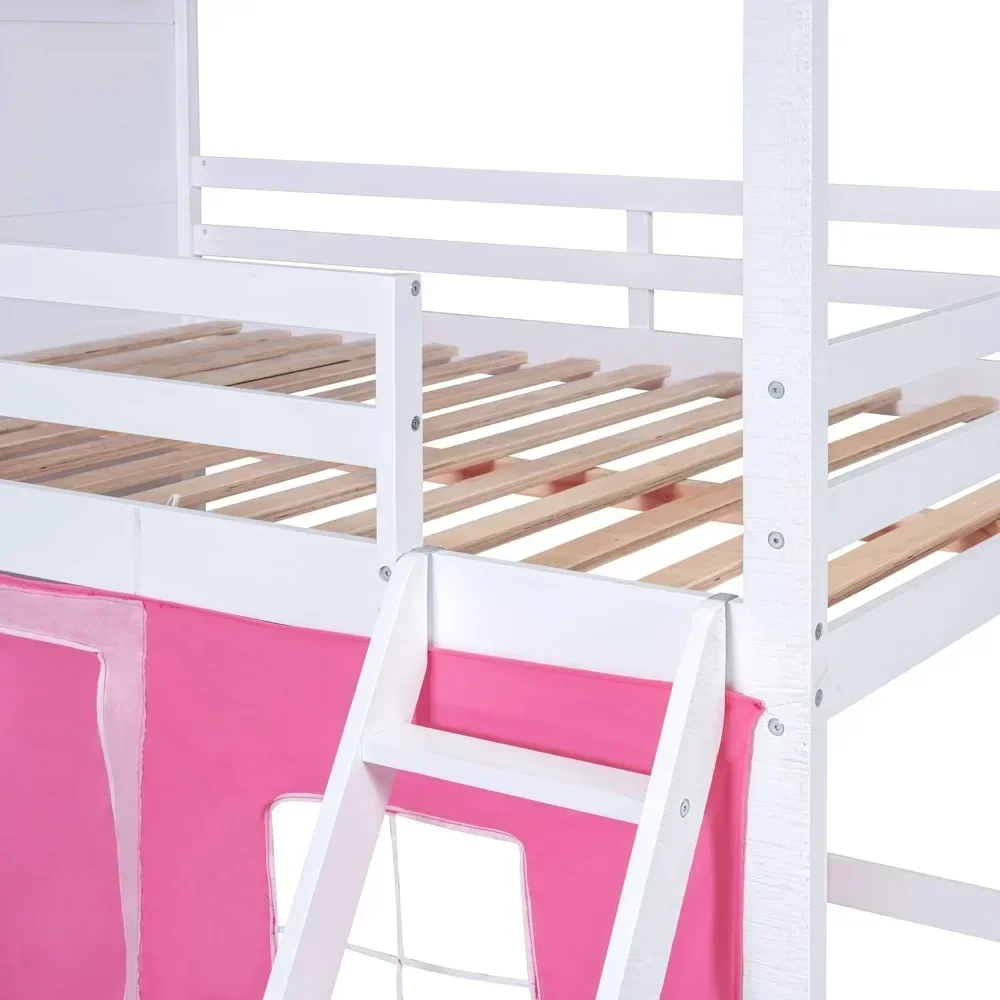 Letto a castello doppio a soppalco con tenda, letto a soppalco per bambini con scale, finestre e tetti, letti singoli in legno su due letti a castello per bambini