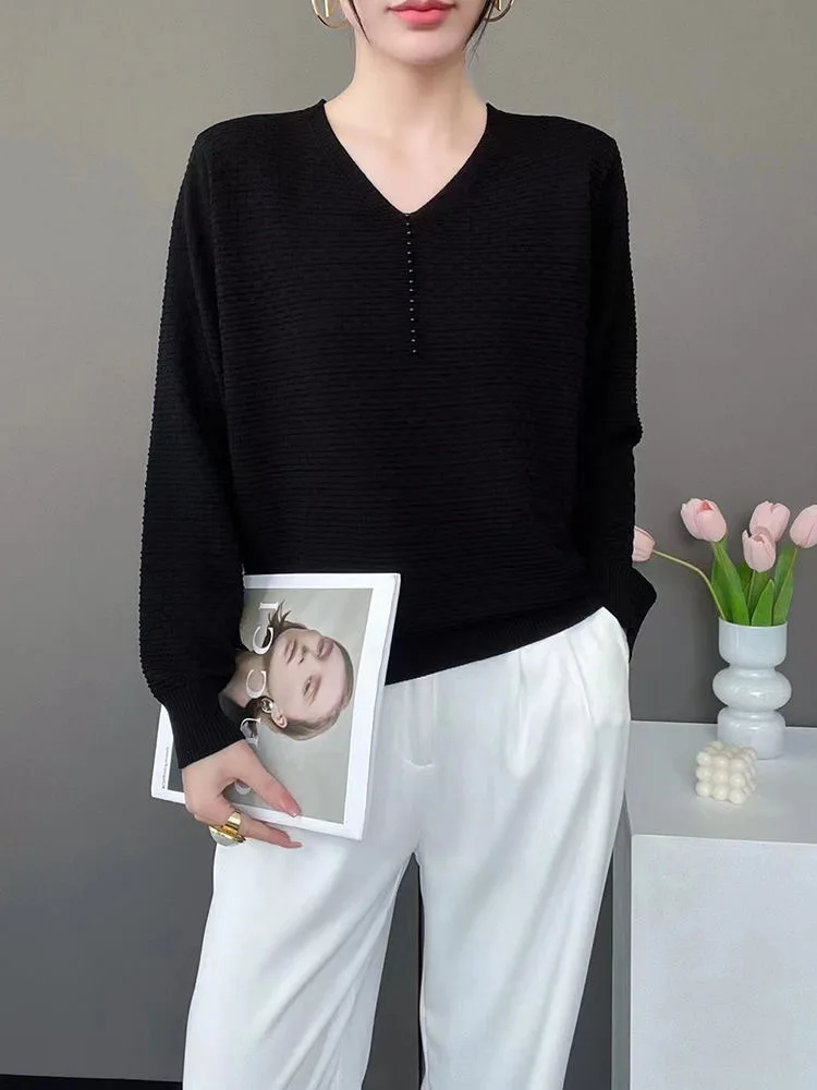 Loose V-ne Knitted Sweater Women's Autumn Winter Simple Match Pure Color Knitwear Casual Commute Sle plus Size Inner Wear