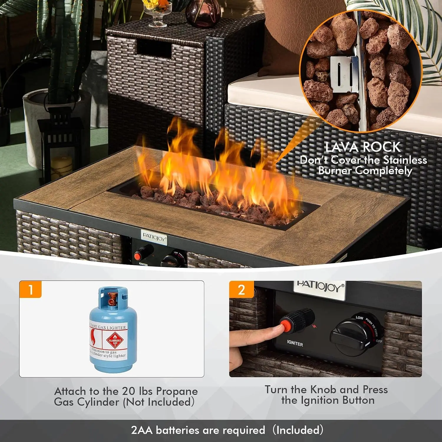 Propane Fire Pit Table Set with Hideaway Tank Holder, 40000 BTU Rattan Wicker with Lava Rocks & Cover for Patio, Customized