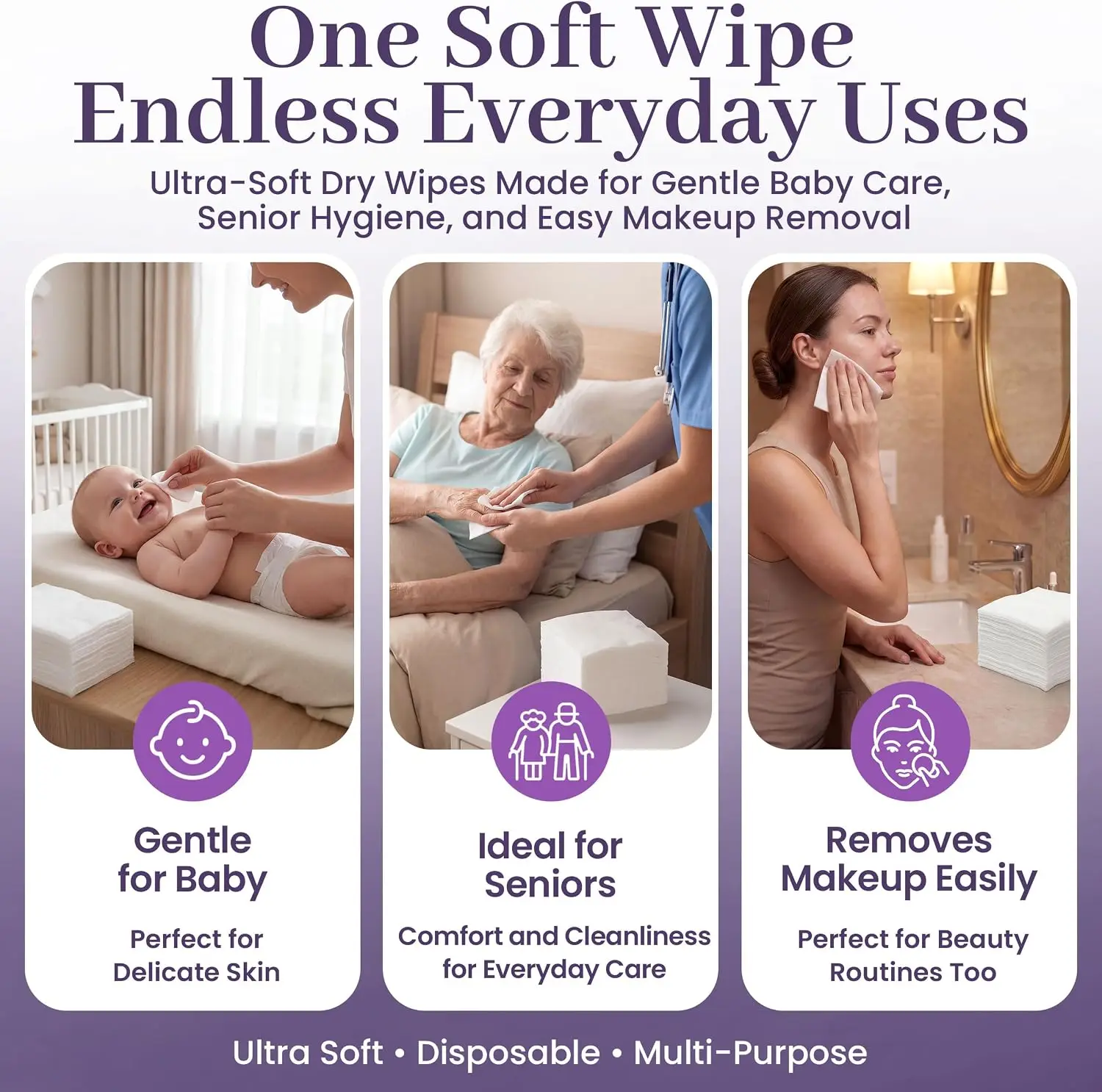 Disposable Dry Wipes 100 Pack - Ultra Soft Non-Moistened Cleansing Cloths for Adults Baby Care and Makeup Removal - 9.5x13.5 view 6