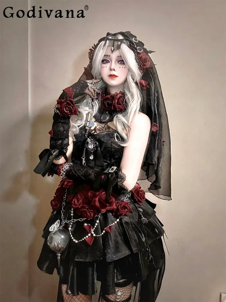 

Cosplay Female Lolita Temperament Heavy Industry Black Fashion Versatile Dress Age Reduction Irregular High Waist Gothic Dresses