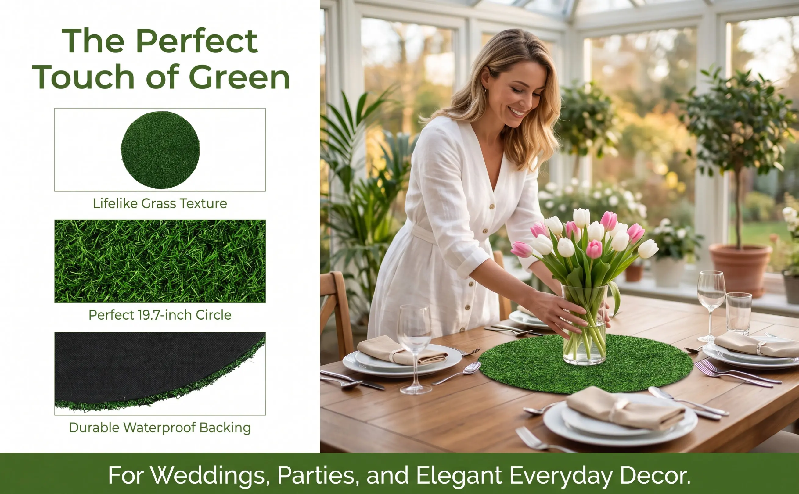 Simulated Grass Round Table Mat 19.65in Green PVC Artificial Tabletop Grass Mat Dining Table Decor Coffee Bar Accessories