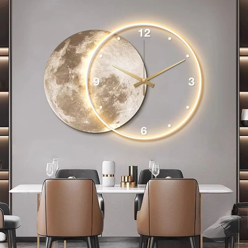 Reloj de pared de salón comedor Luna de lujo la tierra modelado luz LED movimiento silencioso decoración de pared del dormitorio regalo