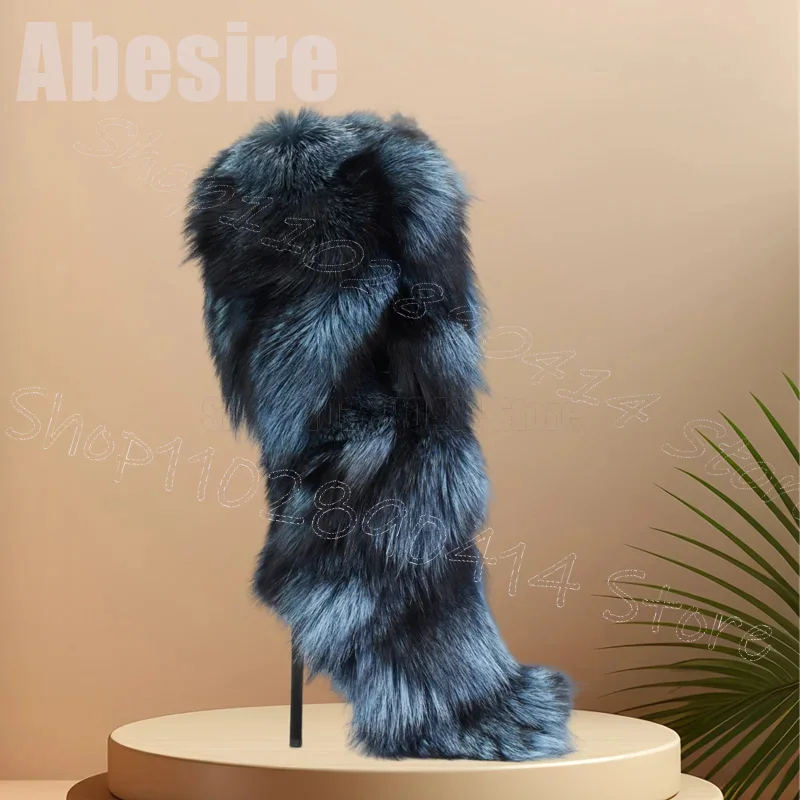 

Blue Black Fur Decor Pointed Toe Boots Slip On Women Shoes Thin High Heels Fashion Party Banquet Dating 2025 Zapatos Para Mujere