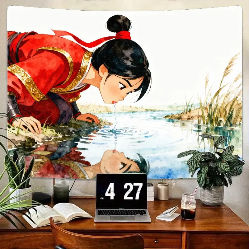 

1PC Fantasy Warrior Girl Reflection Tapestry, Anime Watercolor Aesthetic Wall Art, Modern Polyester Wall Hanging for Bedroom Liv