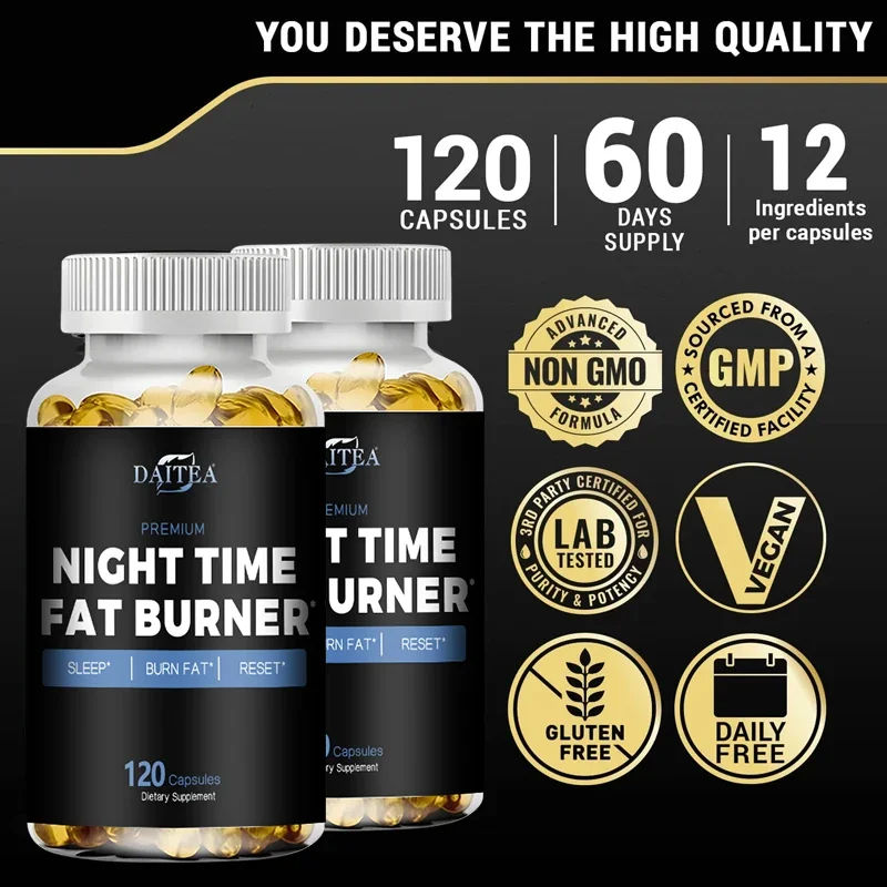 Daitea Night Fat Burning Supplement - مع فيتامين د3، حبوب البن الخضراء، الشاي الأخضر، النباتات الطبيعية - إدارة النوم والوزن