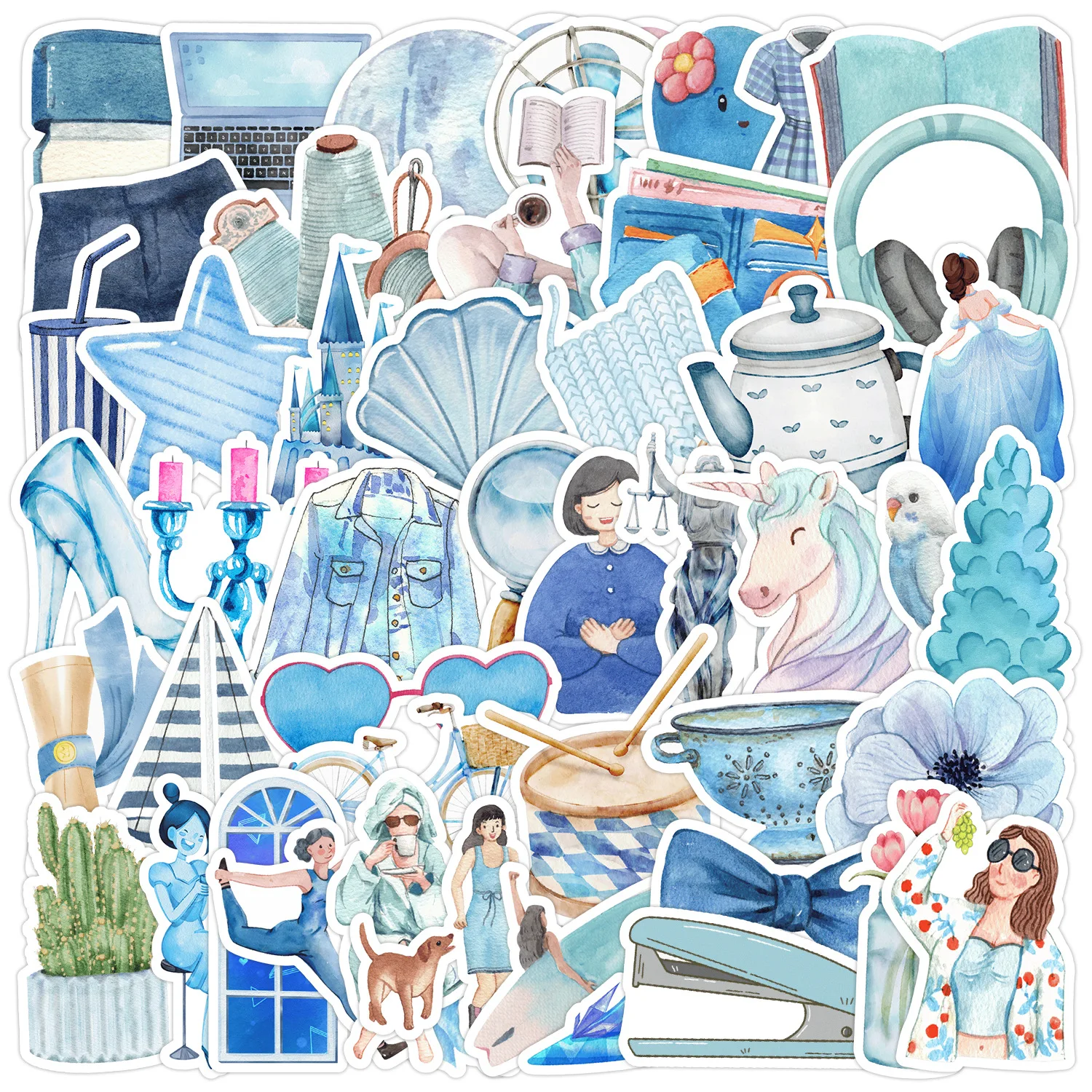 

10/50PCS INS Style Blue Aesthetics Doodle Stickers Cartoon Personality Creative Decoration Pencil Box Suitcase Bicycle Decal Toy