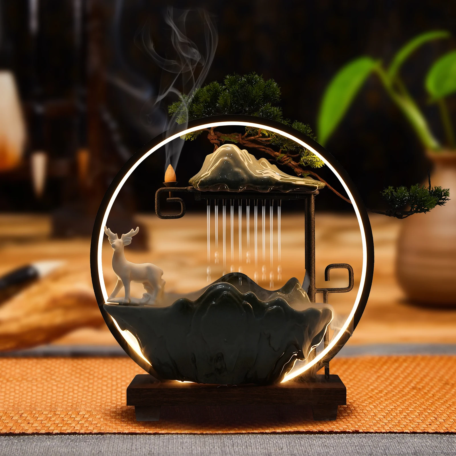 

Green Ceramic Tabletop Water Fountains,Indoor Warm Light Water Fountains with Mist LED 35*18*38cm for Meditation