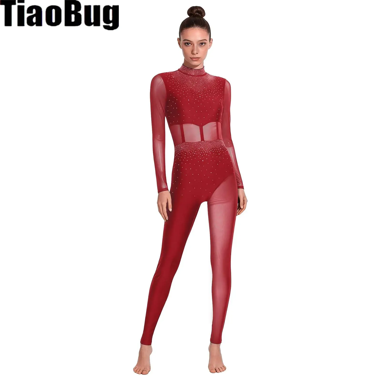 

Womens Gymnastics Bodysuit Rhinestone Sheer Mesh Patchwork Cutout Back Full-body Jumpsuit for Figure Skating Performance