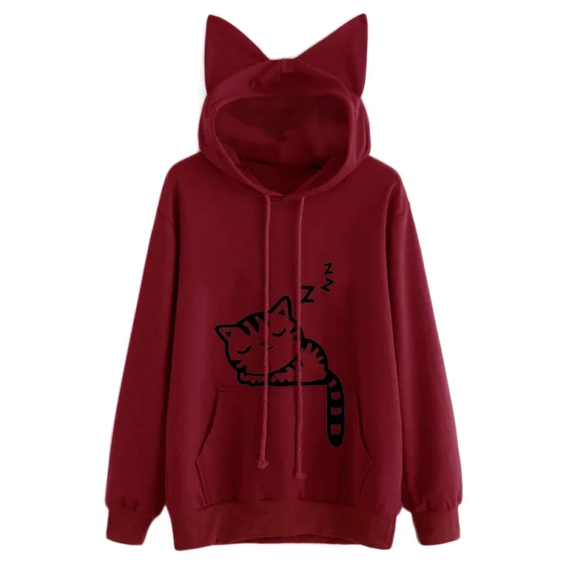 

Women Cat Printed Long Sleeve Pullovers Hoodies Female Fashion Casual Cat Ear Hooded Sweatshirts Tops Autumn Winter Loose Jumper