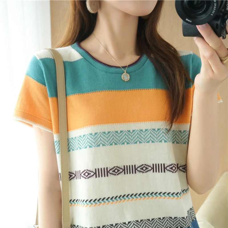 100% cotton T-shirt summer new casual knitted sweater short-sleeved women's round neck pullover loose large size women's top