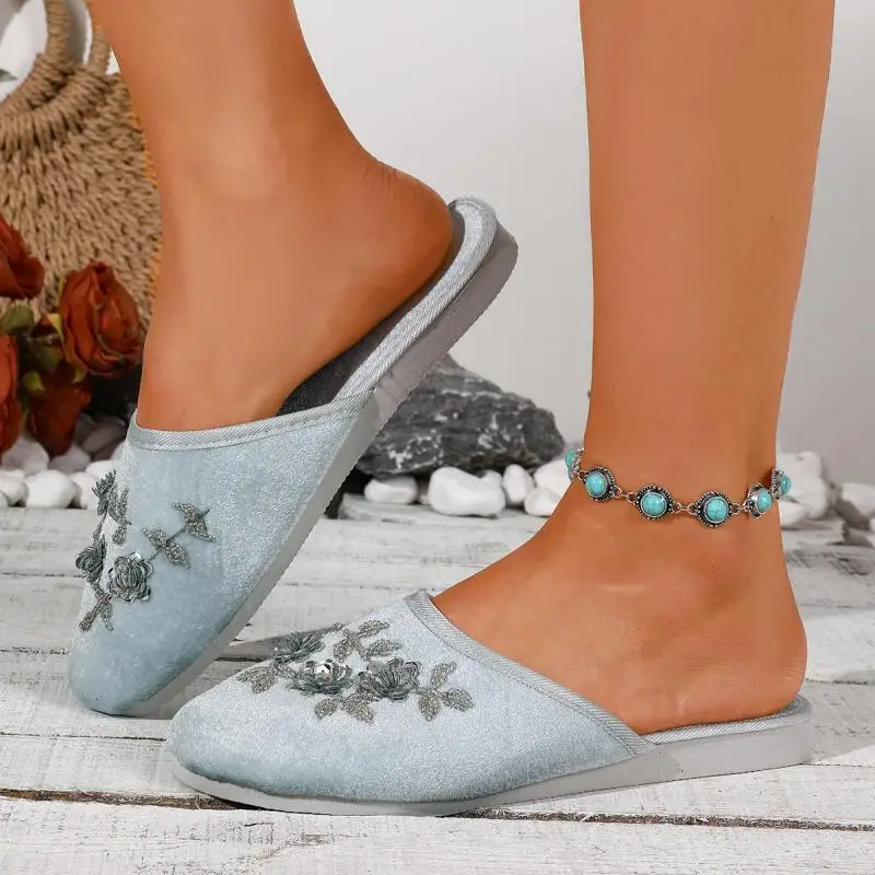 Bunte Pailletten-Blumen-Hausschuhe für Damen, Herbst, leichte, weiche Plüsch-Mules, warme Schlafzimmer-Slipper für Frauen – Detail 7