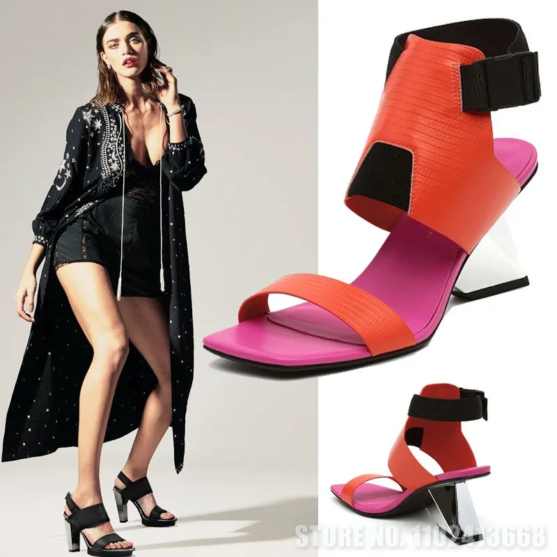 

2023 Fashionable Lizard Leather Shaped High-Heeled Open-Toe Color-Block Roman Sandals Strange Heel Buckle Shoes Size 35-41